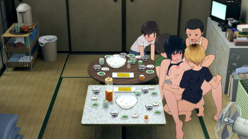 1girl 4boys age_difference ass barefoot black_eyes black_hair blush bottomless bowl breasts breasts_out brother_and_sister clothed_sex clothes_lift cup electric_fan embarrassed feet food from_above grabbing_another's_breast grabbing_from_behind groping group_sex hair_between_eyes highres incest indoors kemuri_haku kneeling legs medium_breasts medium_hair multiple_boys nipples open_mouth original sex shirt_lift shota siblings table tank_top tatami thighs toaru_daikazoku_no_okazu_jijou:_mamagawari_onee-chan_funtouki toes trash_can vaginal