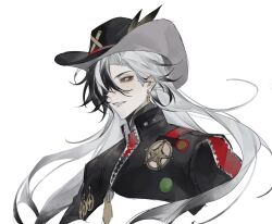 Rule 34 | 1boy, black hair, black hat, boothill (honkai: star rail), ear piercing, earrings, hair over one eye, hat, hat feather, highres, honkai: star rail, honkai (series), jewelry, long hair, looking to the side, male focus, multicolored hair, piercing, police badge, portrait, solo, split-color hair, two-tone hair, white background, white hair, wildwolf group, zipper