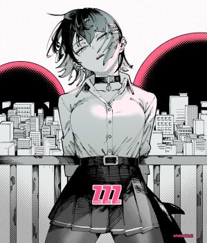 1girl against_railing arms_behind_back belt belt_buckle ben-day_dots buckle building choker cityscape collared_shirt commentary copyright_name cowboy_shot dated_commentary ear_piercing ellen_joe ellen_joe_(on_campus) fins fish_tail halftone hatching_(texture) head_tilt highres leaning_back linear_hatching looking_at_viewer monochrome official_alternate_costume otimusyairoha pantyhose parted_lips pendant_collar piercing pleated_skirt railing razor_blade_hair_ornament screentones shark_girl shark_tail sharp_teeth shirt shirt_tucked_in short_hair skirt solo spot_color tail teeth twitter_username zenless_zone_zero