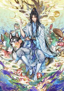 1boy absurdres bamboo_steamer black_hair boots bowl chinese_clothes chinese_commentary chu_wanning closed_eyes closed_mouth erha_he_ta_de_bai_mao_shizun fish flower food half_updo hanfu high_ponytail highres holding holding_ladle holding_rolling_pin husky kingchenxi ladle leaf_hat long_hair long_sleeves lotus lotus_flower_pastry lotus_leaf male_focus moon_phases noodles pants pink_flower plate ponytail rolling_pin sash sitting sitting_on_animal solo tassel tree white_boots white_hanfu white_pants wide_sleeves xiao_guan_(headdress) yaopei