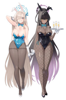 2girls absurdres animal_ears aqua_leotard arm_up arms_behind_head asuna_(blue_archive) asuna_(bunny)_(blue_archive) asymmetrical_bangs black_hair black_leotard blonde_hair blue_archive blue_bow blue_bowtie blue_eyes blue_halo blue_leotard blue_ribbon bow bowtie breasts cleavage commentary_request covered_navel dark-skinned_female dark_skin davo221020 detached_collar fake_animal_ears fishnet_pantyhose fishnets full_body gloves hair_over_one_eye hair_ribbon halo high_heels highleg highleg_leotard highres holding karin_(blue_archive) karin_(bunny)_(blue_archive) large_breasts leotard long_hair looking_at_viewer mole mole_on_breast multiple_girls narrow_waist official_alternate_costume pantyhose playboy_bunny ponytail purple_halo rabbit_ears ribbon simple_background smile standing strapless strapless_leotard thighband_pantyhose traditional_bowtie tray undersized_breast_cup white_background white_gloves yellow_eyes