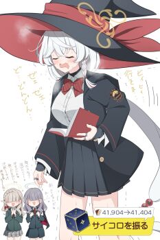 3girls :d black_skirt blue_archive book bow bowtie braid breasts breath commentary_request dress_shirt eri_(blue_archive) exhausted gameplay_mechanics halo hat highres holding holding_book hoshino_ouka implied_yuri jacket jewelry large_breasts large_hat long_hair minigame multiple_girls open_clothes open_jacket open_mouth red_bow red_bowtie ring shirt simple_background skirt smile solo_focus sweat translation_request trembling user_interface very_long_hair wavy_hair white_background white_hair white_shirt wildhunt_art_academy_student_(ar)_(blue_archive) wildhunt_art_academy_student_(smg)_(blue_archive) witch_hat