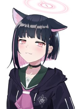 1girl :3 animal_ears black_choker black_hair black_jacket blue_archive cat_choker cat_ears choker closed_mouth collarbone colored_inner_hair commentary_request drawstring extra_ears green_sash hair_ornament halo highres hood hood_down hooded_jacket jacket kazusa_(blue_archive) light_blush looking_at_viewer multicolored_hair neckerchief nobreakfastpro pink_eyes pink_hair pink_halo pink_neckerchief pink_streaks sash short_hair simple_background solo streaked_hair upper_body white_background
