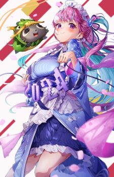 1girl ahoge blue_hair blue_kimono blue_nails blush colored_inner_hair fof_(fof_0016) frilled_kimono frills holding holding_string hololive japanese_clothes kimono long_hair looking_at_viewer maid_headdress minato_aqua minato_aqua_(new_year) multicolored_hair nail_polish neko_(minato_aqua) official_alternate_costume pink_hair purple_eyes smile solo string twintails two-tone_hair virtual_youtuber white_headdress
