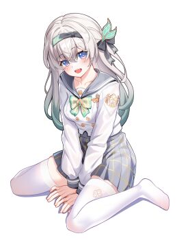 1girl black_hairband blue_eyes bow bowtie buttons collarbone commentary double-breasted firefly_(honkai:_star_rail) firefly_(spring_missive)_(honkai:_star_rail) full_body gradient_hair green_bow green_bowtie green_hair grey_hair grey_sailor_collar grey_skirt hairband highres honkai:_star_rail honkai_(series) long_hair long_sleeves multicolored_eyes multicolored_hair official_alternate_costume open_mouth plaid_bow plaid_bowtie plaid_clothes plaid_skirt pleated_skirt purple_eyes ruochi_lk sailor_collar shirt simple_background sitting skindentation skirt solo thighhighs two-tone_eyes two-tone_hair wariza white_background white_shirt white_thighhighs zettai_ryouiki