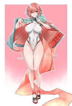 1girl absurdres blush breasts carcano_m1891_(girls&#039;_frontline) competition_swimsuit covered_navel dogs_(dlrkdejr26) full_body girls&#039;_frontline gluteal_fold green_eyes grin groin hair_ribbon highres index_finger_raised large_breasts long_hair nail_polish one-piece_swimsuit pink_background pink_hair pink_nails pink_sandals ribbon sandals smile solo swimsuit thighs twintails white_background white_one-piece_swimsuit white_ribbon