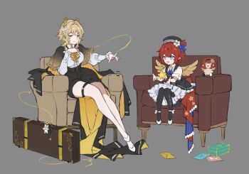 2girls :d absurdres aglaea_(honkai:_star_rail) alternate_costume ankle_strap armchair ascot back_bow bag_charm black_cape black_dress black_hat black_pantyhose black_shorts black_skirt blonde_hair blue_eyes blue_ribbon bow box breasts brooch cape chair character_doll charm_(object) collared_shirt commentary cross-shaped_pupils doll dress feathered_wings flower flower_brooch frilled_cape frilled_sleeves frills full_body green_eyes grey_background hair_between_eyes hair_flower hair_ornament hair_ribbon hat hat_flower height_difference high-waist_shorts highres holding holding_star honkai:_star_rail honkai_(series) index_finger_raised jewelry jitome knees_together_feet_apart large_breasts laurel_crown legs_together letter long_sleeves looking_at_object looking_at_viewer medium_dress medium_hair multiple_girls neck_ribbon one_side_up open_mouth outstretched_arm pantyhose papajay_(jennygin2) parted_lips pinafore_dress pinstripe_pattern pointy_ears red_bow red_hair ribbon shirt shoes short_hair short_shorts short_sleeves shorts showgirl_skirt side-by-side simple_background sitting skirt sleeveless sleeveless_dress smile star_(symbol) string striped_cape suitcase symbol-shaped_pupils thigh_strap tribbie_(honkai:_star_rail) two-sided_cape two-sided_fabric two-sided_skirt untranslatable_commentary white_flower white_shirt white_shoes wings yellow_ascot yellow_cape yellow_skirt yellow_wings