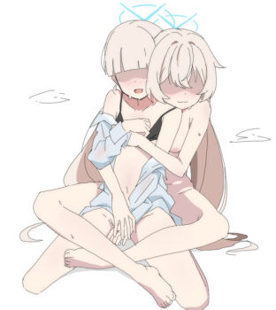 2girls :d arius_student_(blue_archive) bare_shoulders barefoot blue_archive blush brown_hair closed_mouth collarbone commentary_request commission faceless faceless_female grey_shirt hair_over_eyes halo long_hair multiple_girls navel nipples nude nyaru_(nyaru_4126) off_shoulder open_clothes open_mouth open_shirt shaded_face shirt simple_background skeb_commission smile very_long_hair white_background yuri