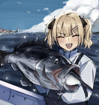 1boy :d ^_^ animal bird black_ribbon blonde_hair blush closed_eyes cloud commentary day english_commentary facing_viewer fang fish fish_hook fishing_line hair_ornament hair_ribbon hairclip highres holding holding_animal holding_fish long_sleeves male_focus mole mole_under_eye nabi_(xcider) open_mouth original outdoors parallel_hairclips piercing ribbon seagull short_hair smile solo sparkle teeth tongue_piercing trap twintails upper_teeth_only xcider