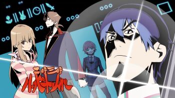 black_eyes black_jacket blazer blue_eyes brown_eyes brown_hair comically_sharp_chin diffraction_spikes fushimi_gaku fushimi_gaku_(1st_costume) glaring glasses headphones headphones_around_neck high_contrast highres hood hood_down hoodie ienaga_mugi ienaga_mugi_(1st_costume) jacket kenmochi_touya lapels long_hair long_sleeves looking_at_viewer nijisanji parody pink_hair pink_hoodie purple_hair purple_jacket purple_skirt shirogami_seisho short_hair skirt standing striped_clothes striped_hoodie style_parody tengen_toppa_gurren_lagann ttgl_eyecatch virtual_youtuber yuuhi_riri yuuhi_riri_(1st_costume)