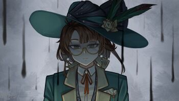 Rule 34 | 1girl, :|, brown hair, closed mouth, empty eyes, eyewear strap, flower, glasses, green eyes, green hat, green jacket, grey background, hat, hat feather, hat flower, highres, jacket, kakania (reverse:1999), neck ribbon, picture hat, red ribbon, reverse:1999, ribbon, round eyewear, roxs (roxss29), semi-rimless eyewear, shirt, solo, straight-on, under-rim eyewear, upper body, white shirt, yellow flower