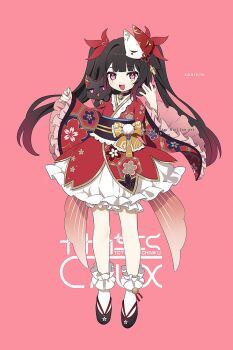 1girl aged_down animal animal_on_shoulder animalization artist_name bell belt black_belt black_cat black_choker black_hair black_shoes bloomers blunt_bangs blush_stickers bow butterfly-shaped_pupils cat character_name chinikuniku choker commentary_request dated eyeshadow facial_mark floral_print flower flower_knot fox_mask full_body gradient_hair hair_flower hair_ornament hands_up honeycomb_(pattern) honkai:_star_rail honkai_(series) japanese_clothes kimono long_hair long_sleeves looking_at_viewer makeup mark_under_both_eyes mask mask_on_head multicolored_hair neck_bell official_alternate_costume open_mouth person_and_animalization pink_background pom_pom_(clothes) purple_eyes purple_hair red_eyeshadow red_flower red_kimono shoes sidelocks simple_background smile socks solo sparkle_(honkai:_star_rail) standing symbol-shaped_pupils twintails underwear white_bloomers white_mask white_socks wide_sleeves yellow_bow