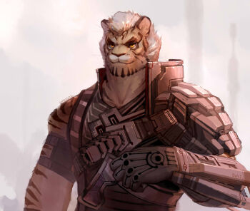 1boy animal_ears bara commentary_request cyborg facial_hair furry furry_male gun holding holding_gun holding_weapon male_focus mature_male mechanical_arms muscular muscular_male original scar scar_across_eye scar_on_face short_hair single_mechanical_arm smile solo thick_eyebrows tiger_boy tiger_ears tiger_stripes upper_body weapon white_hair wincalblanke yellow_eyes