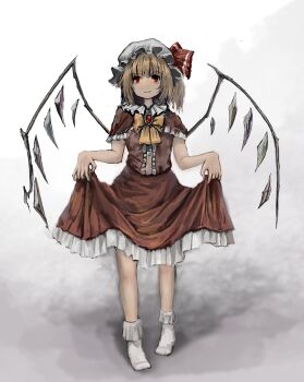 1girl absurdres alternate_costume blonde_hair bow bowtie brooch capelet center_frills closed_mouth commentary crystal crystal_wings dress flandre_scarlet frilled_dress frilled_skirt frills hat highres jewelry looking_at_viewer mob_cap multicolored_wings red_capelet red_dress red_eyes skirt skirt_hold smile socks solo touhou white_hat white_socks wings yellow_bow yellow_bowtie zhuxie1264852