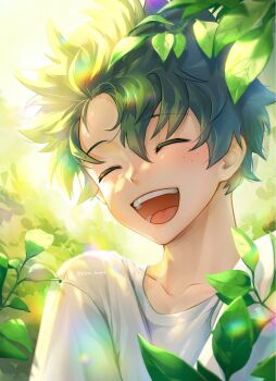 1boy blush boku_no_hero_academia closed_eyes freckles green_hair highres leaf male_focus midoriya_izuku open_mouth seoltang_(nitro_sugar) shirt short_hair smile solo white_shirt