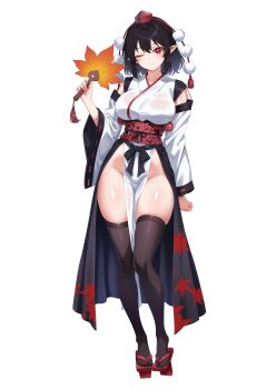 1girl absurdres breasts brown_hair brown_thighhighs closed_mouth commentary detached_sleeves full_body geta groin hat hauchiwa highres japanese_clothes kimono kourindou_tengu_costume large_breasts leaf_print leo23 looking_at_viewer maple_leaf_print medium_hair missing_wings no_panties obi obiage obijime official_alternate_costume one_eye_closed pelvic_curtain pointy_ears pom_pom_(clothes) red_eyes red_hat red_sandals red_sash sandals sash shameimaru_aya side_slit simple_background smile solo tengu-geta thighhighs thighs tokin_hat touhou white_background white_kimono