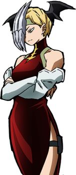 Rule 34 | 1girl, bare shoulders, blonde hair, boku no hero academia, breasts, crossed arms, dress, official art, red dress, ryuukyuu, sleeveless, sleeveless dress, smile