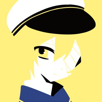 1boy bandage_over_one_eye blonde_hair blue_shirt chinese_commentary closed_mouth collared_shirt colored_skin commentary_request feiwusheng flat_color hat highres light_frown looking_at_viewer male_focus no_lineart oliver_(vocaloid) one_eye_covered portrait shirt simple_background solo vocaloid white_hat white_skin yellow_background yellow_eyes