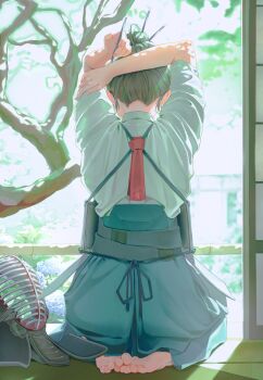 1girl archery barefoot black_hakama blue_skirt branch commentary_request day feet from_behind green_hair hair_bun hakama hakama_skirt highres indoors japanese_clothes kendo_mask kimono kyuudou leaf long_sleeves mask original ruda_(ruda_e) seiza sitting skirt solo sunlight tatami toes tree tying_hair white_kimono
