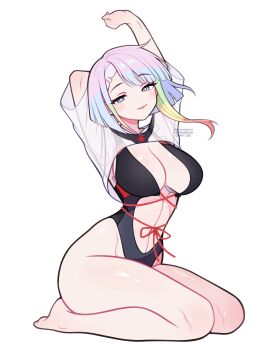 1girl absurdres arm_behind_head arms_up asymmetrical_sidelocks bare_legs barefoot black_one-piece_swimsuit blonde_hair blue_eyes blush breasts bright_pupils brown_hair cleavage closed_mouth commentary cropped_shirt cyberpunk:_edgerunners cyberpunk_(series) green_hair grey_hair highres large_breasts legs looking_at_viewer lucy_(cyberpunk) multicolored_hair one-piece_swimsuit pink_hair red_ribbon ribbon see-through_clothes see-through_shirt seiza shirt short_hair shrug_(clothing) sidelocks simple_background sitting smile solo streaked_hair stretching swimsuit thighs vivianvalenart white_background white_pupils white_shirt