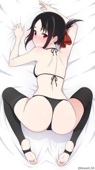 1girl absurdres all_fours artist_name ass back bare_shoulders bed_sheet bent_over bikini black_bikini black_hair black_thighhighs blush breasts come_hither commentary_request embarrassed folded_ponytail from_above frown full_body highres huge_ass kaguya-sama_wa_kokurasetai_~tensai-tachi_no_renai_zunousen~ looking_at_viewer looking_back nose_blush on_bed paid_reward_available red_eyes roswell_ss sheet_grab shinomiya_kaguya short_hair sideboob skindentation small_breasts soles solo stirrup_legwear swimsuit thighhighs thong_bikini toeless_legwear twitter_username