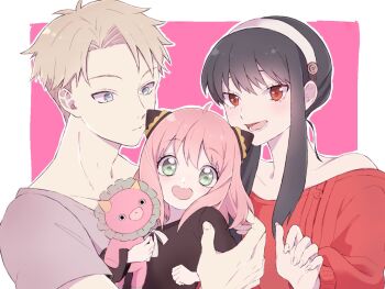 1boy 2girls adoptive_parent_and_adoptive_child anya_(spy_x_family) balcony bare_shoulders blonde_hair blue_eyes carrying carrying_person commentary_request director_chimera_(spy_x_family) family father_and_daughter green_eyes hairband hairpods holding holding_stuffed_toy husband_and_wife mother_and_daughter multiple_girls off_shoulder pink_hair red_eyes sidelocks spy_x_family stuffed_animal stuffed_toy toco_(love-hmhm-tocotoco) twilight white_hairband yor_briar