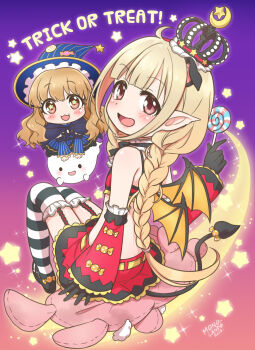 Rule 34 | + +, 2girls, black capelet, blonde hair, brown eyes, brown hair, candy, capelet, chibi, commentary, crop top, crown, demon tail, demon wings, detached sleeves, dress, english commentary, fake tail, fake wings, flat chest, food, futaba anzu, garter straps, ghost, hat, highres, holding, holding candy, holding food, holding lollipop, idolmaster, idolmaster cinderella girls, lollipop, mini crown, miniskirt, mono land, moroboshi kirari, multiple girls, pointy ears, skirt, star (symbol), striped clothes, striped dress, striped thighhighs, stuffed toy, tail, thighhighs, trick or treat, wings, witch hat