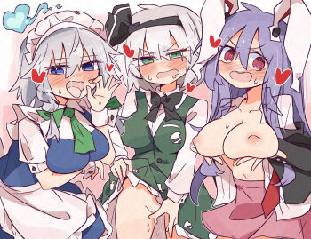 3girls @_@ animal_ears apron arm_under_breasts ascot black_bow black_bowtie black_hairband black_jacket blazer blue_dress blue_eyes blush bow bowtie braid clothes_lift collared_shirt commentary_request dress drooling fellatio_gesture green_ascot green_bow green_eyes green_skirt green_vest grey_hair hair_bow hairband heart highres hitodama hitodama_print izayoi_sakuya jacket konpaku_youmu konpaku_youmu_(ghost) lifting_own_clothes long_hair long_sleeves maid maid_headdress minoru_minoru mouth_drool multiple_girls necktie nipples no_panties open_clothes open_jacket open_mouth open_shirt pinafore_dress pink_skirt puffy_short_sleeves puffy_sleeves purple_hair pussy_juice pussy_juice_on_fingers rabbit_ears rabbit_girl rabbit_tail red_eyes red_necktie reisen_udongein_inaba shirt short_sleeves skirt skirt_lift skirt_set sleeveless sleeveless_dress tail tongue tongue_out touhou twin_braids undone_necktie vest waist_apron white_shirt white_wrist_cuffs wrist_cuffs
