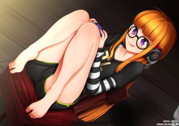 1girl :p ass bad_id bad_twitter_id bare_legs barefoot blunt_bangs chair controller dolphin_shorts feet female_focus game_controller glasses headphones indoors long_sleeves neocoill orange_hair panties panty_peek persona persona_5 playing_games purple_eyes sakura_futaba shirt short_shorts shorts sitting solo striped_sleeves t-shirt toes tongue tongue_out underwear watermark