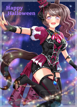 1girl animal_ears black_shirt black_shorts black_thighhighs blush breasts brown_hair garter_straps halloween halloween_costume hat hat_ornament highres horse_ears horse_girl horse_tail jacket long_hair looking_at_viewer medium_breasts momomiyaj_p necktie official_alternate_costume open_mouth ponytail puffy_short_sleeves puffy_sleeves purple_jacket shirt shoes short_necktie short_sleeves shorts smile solo tail thighhighs top_hat tosen_jordan_(highkey_hallowed)_(umamusume) tosen_jordan_(umamusume) umamusume