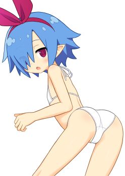 1girl ami_(ammy33) ass bent_over bikini blue_hair cameltoe disgaea female_focus flat_chest hairband loli looking_at_viewer looking_back partially_visible_vulva pleinair pointy_ears red_eyes red_hairband red_ribbon ribbon short_hair solo swimsuit white_background white_bikini