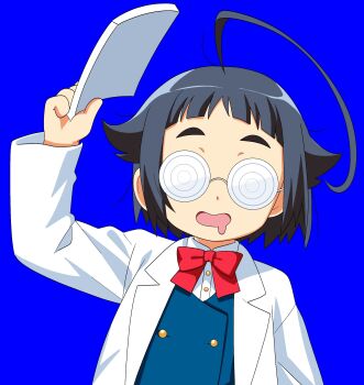 1girl ahoge artist_self-insert bk_(barakoodra) black_hair blue_background blunt_bangs book bow bowtie coat coke-bottle_glasses drooling glasses hair_flaps highres holding holding_book huge_ahoge long_sleeves mouth_drool open_clothes open_coat open_mouth original short_bangs short_hair smile solo upper_body