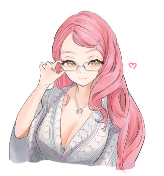 1girl absurdres bath_yukata blush breasts cleavage fate/grand_order fate_(series) glasses hair_ornament hairclip hashtag-only_commentary heart highres japanese_clothes jewelry kimono koyanskaya_(fate) koyanskaya_(over_the_same_sky)_(fate) large_breasts long_hair long_sleeves looking_at_viewer mikon_(nicknqme) necklace pink_hair smile solo swept_bangs white_kimono yellow_eyes yukata