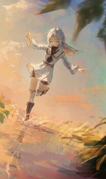 1girl absurdres ahoge ankle_boots arkilide arms_at_sides black_boots black_shorts black_sweater boots closed_eyes collared_dress commentary dress dutch_angle elf english_commentary full_body highres long_hair long_sleeves mushoku_tensei parted_bangs pointy_ears running shorts shorts_under_dress signature smile solo standing standing_on_one_leg sweater sweater_under_dress sylphiette_(mushoku_tensei) thighhighs water white_dress white_hair white_thighhighs