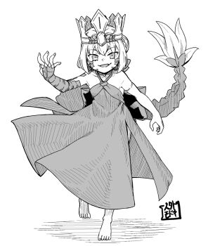 1girl barefoot commentary_request crown dragon_tail dress fate/grand_order fate_(series) flat_chest full_body greyscale jingai_modoki looking_at_viewer monochrome nero_claudius_(fate) queen_draco_(fate) queen_draco_(first_ascension)_(fate) smile solo tail