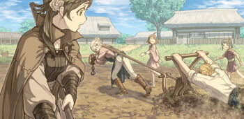 2boys 3girls :o ahoge architecture arthur_(fire_emblem_fates) barefoot black_choker black_pants blonde_hair blue_sky boots bracer breasts brown_cape brown_eyes brown_footwear brown_hair building cape child choker closed_eyes cloud collared_shirt commentary_request dated_commentary day dirt dirt_road east_asian_architecture effie_(fire_emblem) farming fence fire_emblem fire_emblem_fates flower freckles grass green_eyes green_hair hair_between_eyes hair_bun hair_flower hair_ornament harusame_(rueken) high_collar holding japanese_clothes knee_boots long_sleeves looking_at_another looking_back mozu_(fire_emblem) multiple_boys multiple_girls nintendo open_mouth outdoors pants parted_bangs path pink_shirt puffy_sleeves pulling road sash shirt shirt_tucked_in short_hair short_hair_with_long_locks short_sleeves sidelocks single_hair_bun sky sleeves_rolled_up small_breasts smile standing surprised sweatdrop tree walking white_hair white_pants white_sash white_shirt wide_sleeves wooden_fence wristband