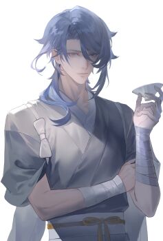 1boy absurdres aegyo_sal asymmetrical_hair bandaged_arm bandages blue_eyes blue_hair chinese_commentary closed_mouth commentary_request cup curtained_hair genshin_impact grey_kimono guaisanmu hair_between_eyes hair_over_shoulder hand_on_own_arm hand_up highres holding holding_cup japanese_clothes kamisato_ayato kimono light_smile looking_at_viewer male_focus medium_hair mole mole_under_mouth official_alternate_costume parted_bangs sakazuki simple_background solo tassel tasuki toned toned_male upper_body white_background
