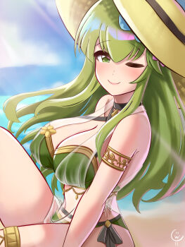 1girl ;) absurdres armlet beach bikini blurry blurry_background breasts ciderwrath cleavage closed_mouth fire_emblem fire_emblem_echoes:_shadows_of_valentia fire_emblem_heroes from_side green_bikini hat highres jewelry large_breasts long_hair nintendo official_alternate_costume one_eye_closed palla_(fire_emblem) palla_(summer)_(fire_emblem) smile solo sun_hat swimsuit thighlet