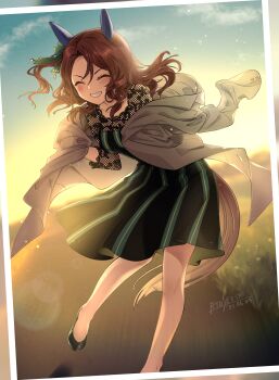 1girl ^_^ absurdres animal_ears artist_name black_dress black_shoes blush brown_hair brown_tail closed_eyes closed_mouth coat commentary_request dated dress ear_covers facing_viewer grass grin high_heels highres holding holding_coat holding_unworn_clothes horizon horse_ears horse_girl horse_tail king_halo_(casual)_(umamusume) king_halo_(umamusume) leaning_forward lens_flare long_hair multicolored_dress outdoors revision ryusei_(ryusei_b) shoes smile solo standing standing_on_one_leg sunset tail teeth thighs umamusume unworn_coat