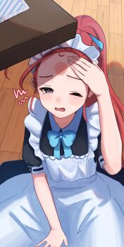 1girl blue_archive desk maid maid_headdress one_eye_closed red_hair simple_background sitting solo white_background yuzu_(blue_archive) yuzu_(maid)_(blue_archive)