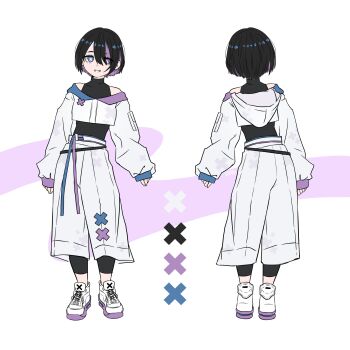 1girl absurdres black_hair closed_mouth full_body hair_between_eyes highres hikka_(oc) hikka_(website) hood hood_down hoodie korzynka_persykiv long_sleeves looking_at_viewer mole mole_on_cheek multicolored_hair multiple_views pants purple_eyes purple_hair purple_streaks shoes short_hair simple_background sleeves_past_wrists smile sneakers solo standing two-tone_hair upper_body white_background x_x