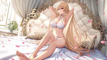 Rule 34 | 1girl, absurdly long hair, arms up, barefoot, bed, bedroom, blanket, blonde hair, bonsai, bra, breasts, closed mouth, collar, commentary request, commission, curtains, cutting hair, earrings, expressionless, falling petals, flower, flower pot, flower wreath, full body, hair spread out, hands in own hair, hands up, highres, indoors, jewelry, legs, long hair, looking to the side, medium breasts, navel, necklace, original, panties, petals, pillow, red eyes, shadow, sion (9117), sitting, solo, spread legs, underwear, very long hair, white bra, white panties