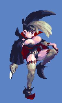 alternate_hair_length alternate_hairstyle animated animated_gif atlus black_hair bouncing_breasts breasts bustier cape cleavage elbow_gloves gloves high_collar huge_breasts knife leg_up legs lowres motion_lines multicolored_hair necro_samantha pixel_art princess_crown short_hair stitches thighhighs thighs two-tone_hair vampire_costume