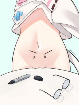 >:) 1girl :3 absurdres belly coke-bottle_glasses drawing_on_self glasses highres indie_virtual_youtuber lower_body marker mint_fantome navel nude pulling_own_clothes pussy pussy_focus pyruvate round_eyewear sharpie_(brand) sweater v-shaped_eyebrows virtual_youtuber