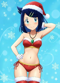 1girl alexkonakona alternate_costume bikini black_hair blue_background blush closed_mouth collarbone commentary cowboy_shot cowlick fur-trimmed_thighhighs fur_trim gloves hair_ornament hairclip hand_on_own_hip hand_up hat jewelry liko_(pokemon) medium_hair navel necklace nintendo pokemon pokemon_(anime) pokemon_horizons red_bikini red_hat red_thighhighs santa_hat side-tie_bikini_bottom sideways_glance smile snowflakes solo swimsuit thighhighs white_gloves
