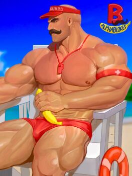 Rule 34 | 1boy, abs, armband, banana, bara, beach, blurry, blurry background, braum (league of legends), bulge, facial hair, food, fruit, iblokes, inflatable armbands, league of legends, lifeguard, lifeguard chair, male swimwear, muscular, muscular male, mustache, non-web source, pectorals, red armband, red visor, swim briefs, thick mustache, visor cap, whistle, whistle around neck