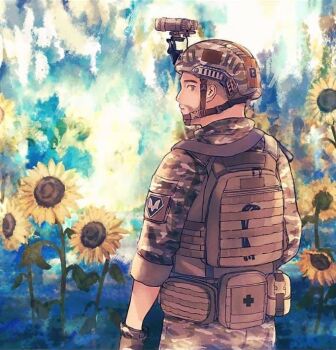 Rule 34 | 1boy, abstract background, ammunition pouch, beard stubble, body armor, bulletproof vest, camouflage, combat helmet, facial hair, flower, helmet, kikurina, load bearing vest, looking at viewer, looking back, male focus, military combat uniform, military operator, military uniform, night vision device, original, pouch, russo-ukrainian war, second-party source, soldier, stubble, sunflower, tactical clothes, tryzub, ukraine, water, woodland camouflage