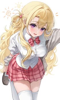 1girl :d absurdres adjusting_clothes adjusting_shoe arm_behind_back blonde_hair blush bow bowtie breast_pocket breasts brown_shoes cardigan cardigan_partially_removed commentary dress_shirt eyelashes felicia8 fluffy_hair foot_out_of_frame grey_cardigan hair_between_eyes hair_intakes hair_over_shoulder happy highres large_breasts leg_up loafers long_hair looking_at_viewer miniskirt notice_lines open_cardigan open_clothes open_mouth original plaid_bow plaid_bowtie plaid_clothes plaid_skirt pleated_skirt pocket purple_eyes red_bow red_bowtie red_skirt school_uniform shirt shoes short_sleeves sidelighting sidelocks simple_background skirt smile solo standing standing_on_one_leg thighhighs untranslatable_commentary very_long_hair white_background white_shirt white_thighhighs zettai_ryouiki