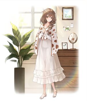 1girl animal_ears animal_print border braid breasts brown_cloak brown_eyes brown_hair cleavage cloak collarbone commentary commission cow_ears cow_girl cow_horns cow_print dress frilled_dress frills full_body hair_between_eyes hands_up heeri high_heels highres horns large_breasts light_smile long_dress long_sleeves looking_at_viewer mirror multicolored_cloak original paint plant potted_plant shoes single_braid solo standing two-tone_cloak white_border white_cloak white_dress white_horns white_shoes window