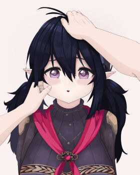 1boy 1girl absurdres antenna_hair blush_stickers breasts brown_dust_(series) brown_dust_2 cheek_pinching dress elf hair_between_eyes headpat highres large_breasts loen_(brown_dust_2) loen_(last_hope)_(brown_dust_2) looking_at_viewer medium_hair open_mouth patchwork_clothes pinching pointy_ears pov purple_dress purple_eyes purple_hair short_twintails simple_background teeth twintails upper_body upper_teeth_only user_pwsf4877 white_background